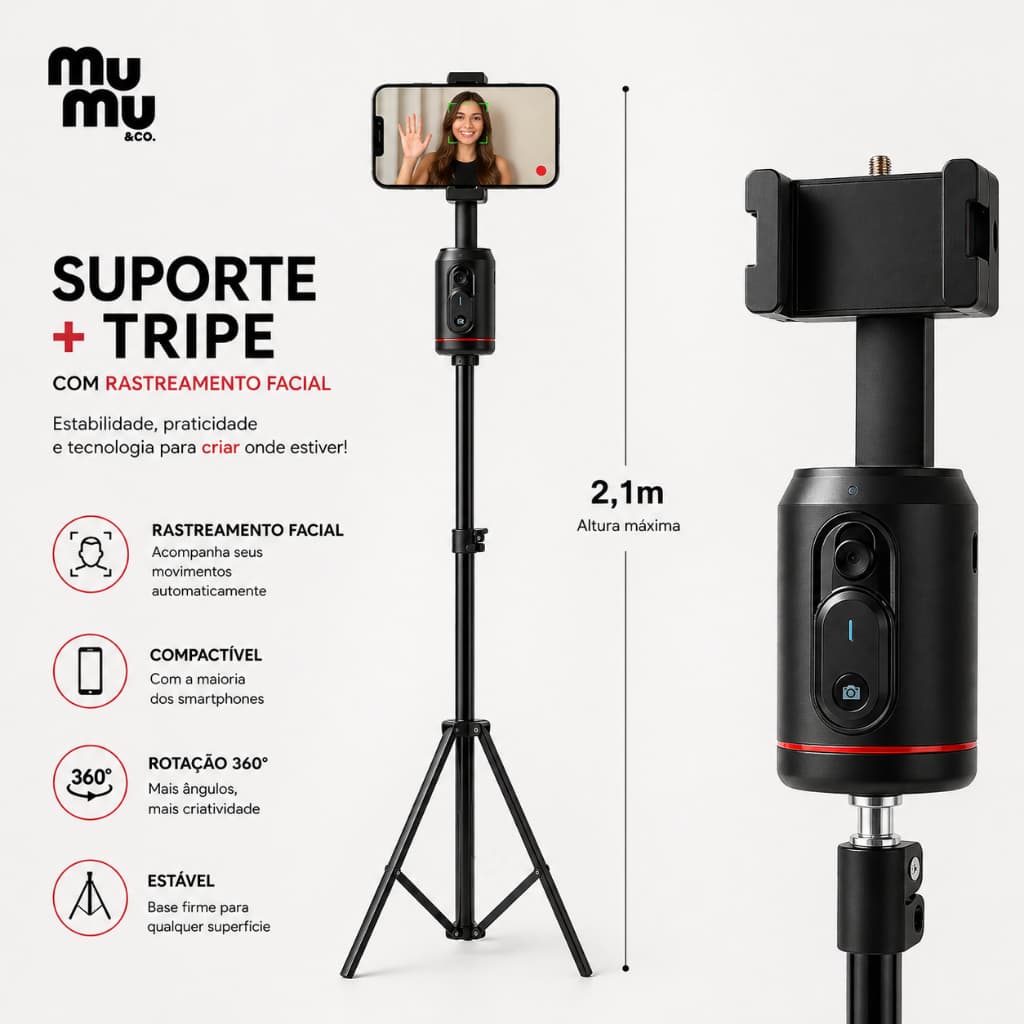 Tripé Inteligente para Celular 2,1m com Rastreamento Facial e Rotação 360°
