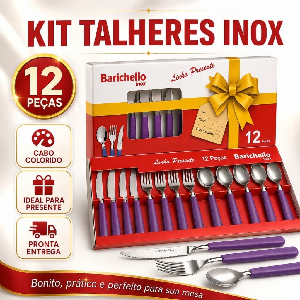 Talheres 12 Peças Aço Inox Cabo Colorido – Jogo Cozinha Mesa Posta Resistente e Prático