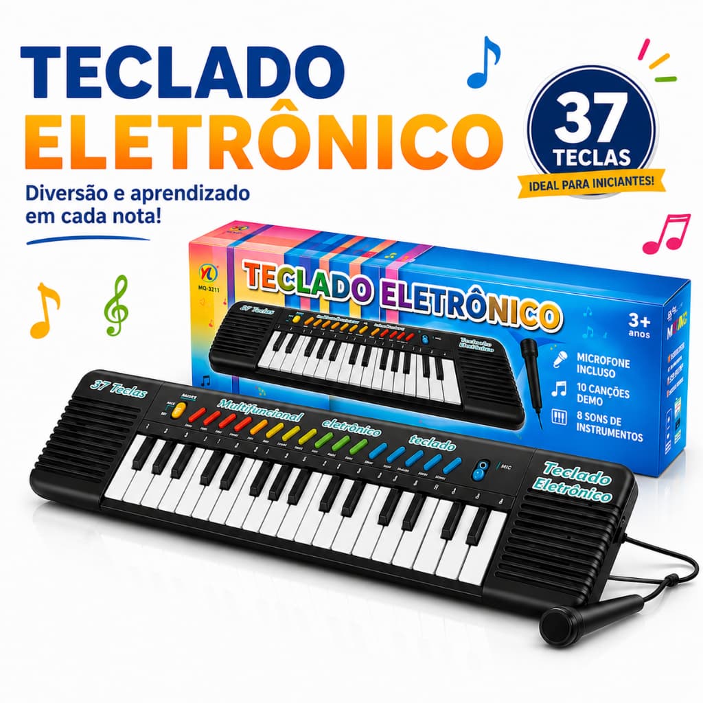 Brinquedo Teclado Piano Infantil Eletrônico com Microfone 32 Teclas + 37 Músicas