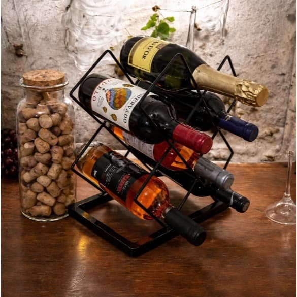 Suporte Porta Garrafas de Vinho Metal Preto Moderno 6 Garrafas Organizador Decorativo Adega Compacta