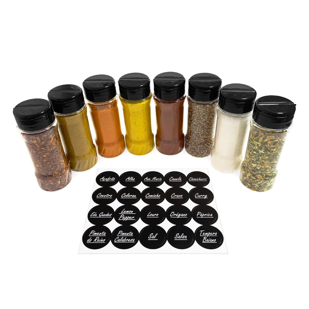 Kit 8 Potes de Plástico Tempero Condimento com Tampa Dosadora Dupla + Etiquetas