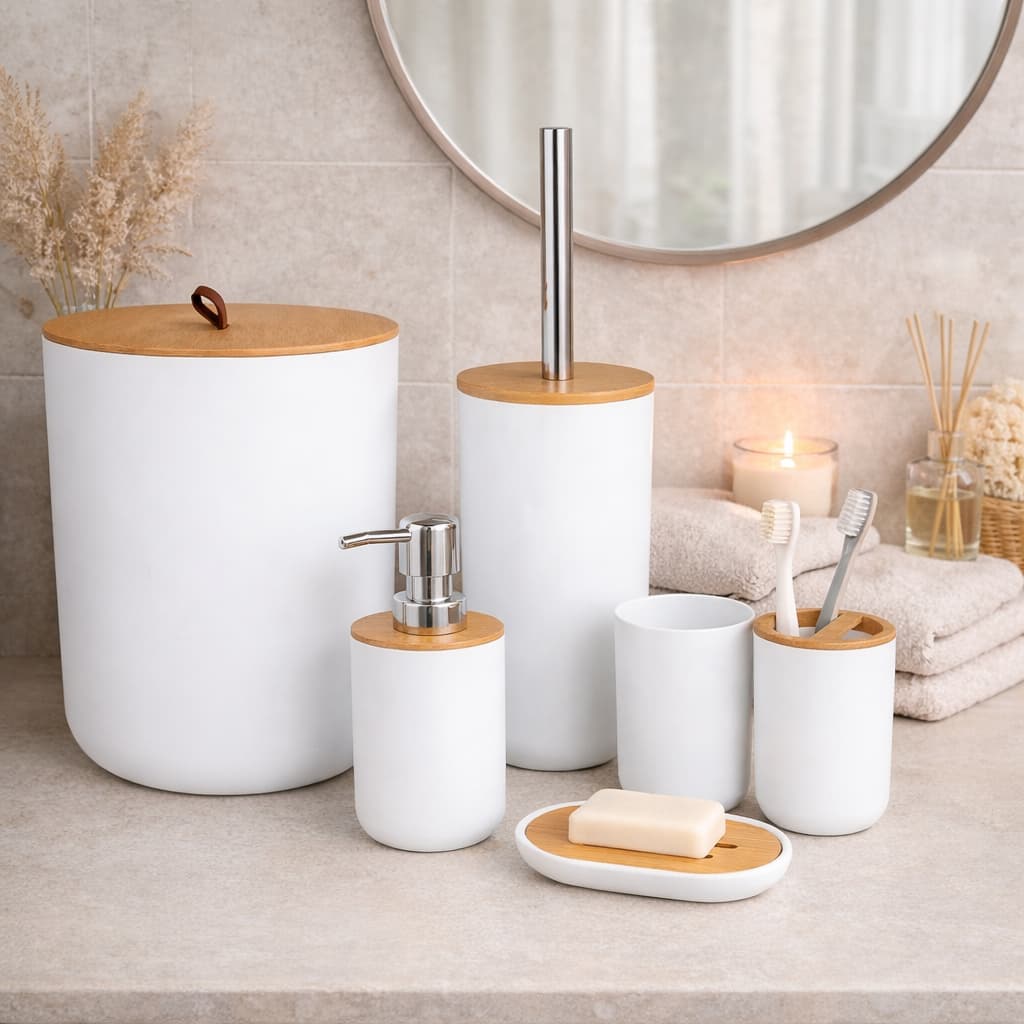 Kit Banheiro 6 Peças Branco com Bambu Luxo Porta Escova Dispenser Lixeira Suporte Sabonete e Acessórios Modernos