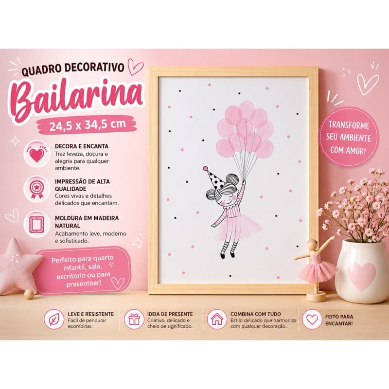 Quadro Decorativo Bailarina 24,5 x 34,5 cm – Delicado e Encantador com Moldura em Madeira