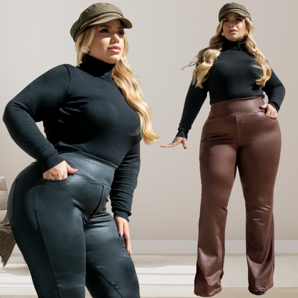 Calça Legging Plus Size Cintura Alta Costura Reforçada Boca de Sino