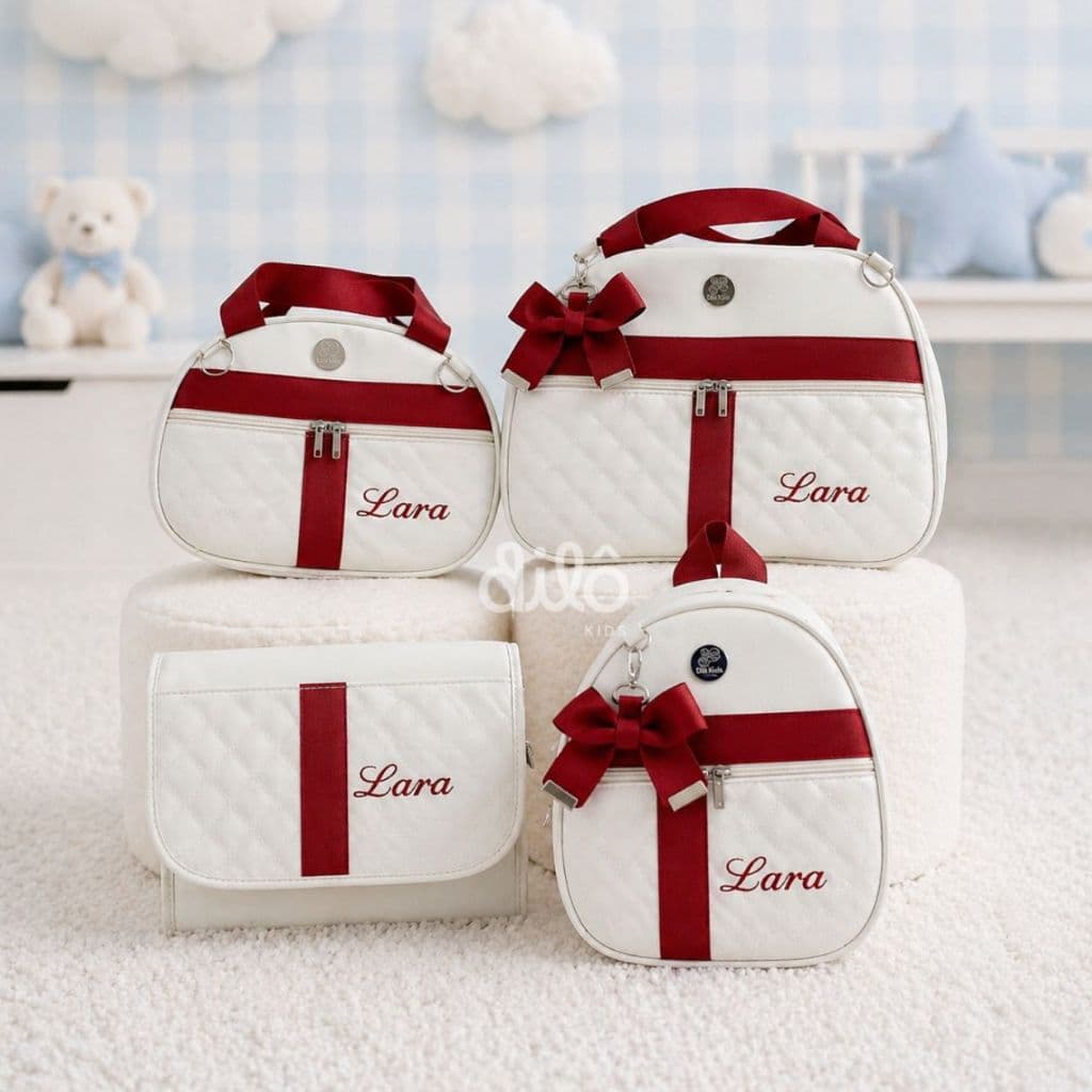 Bolsa maternidade 4 peças detalhes em fitas. Kit bolsa maternidade personalizado. Dilô Kids.