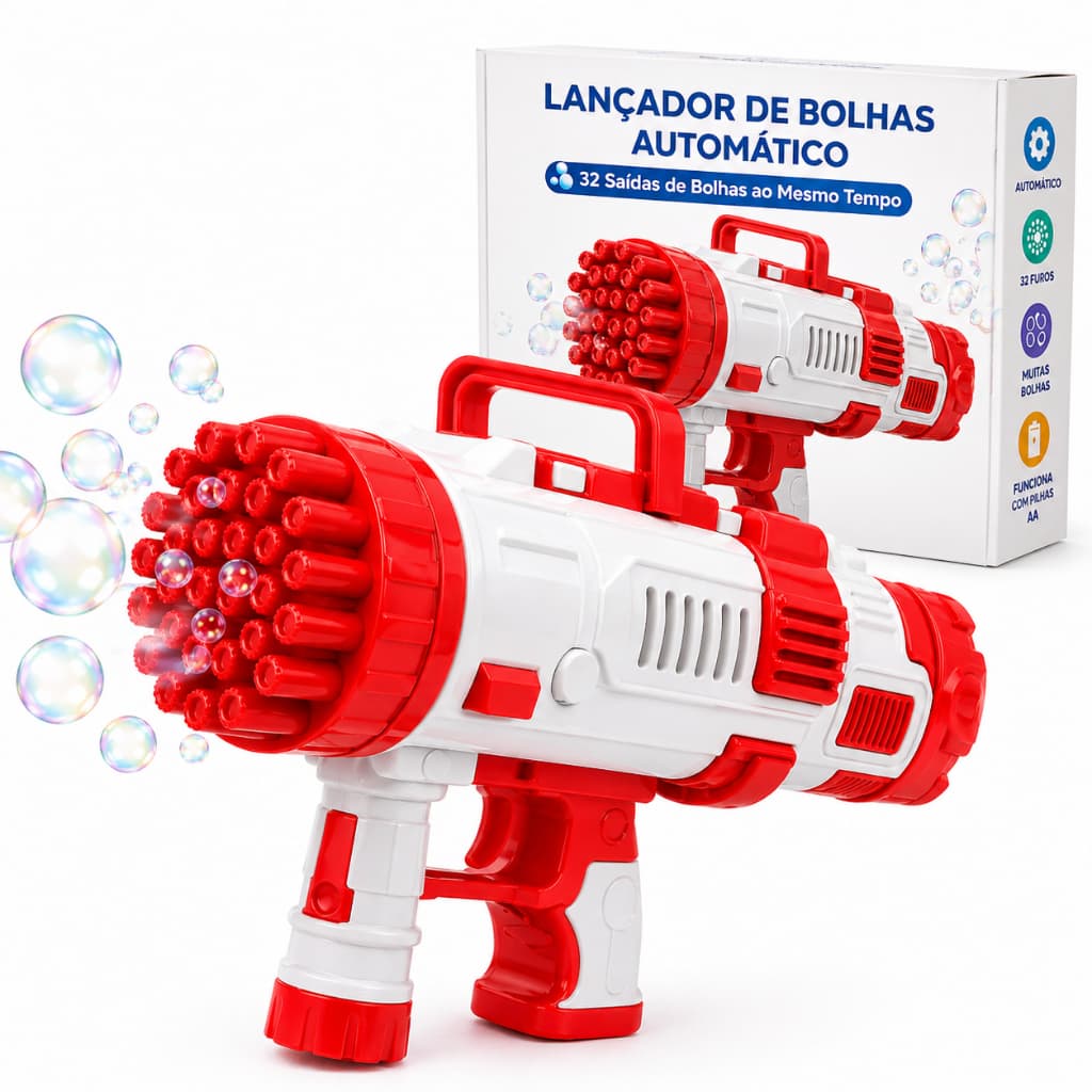 Lançador de Bolhas 32 Furos Automático Bazuca Infantil Brinquedo com Pilhas