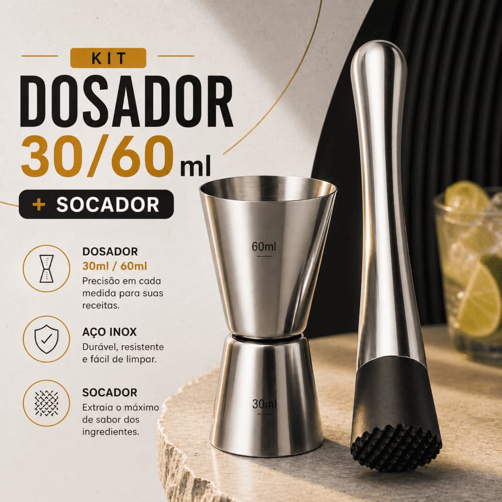 Dosador Duplo Socador Medidor 60/30ml Inox Bebidas Barmen Bartender