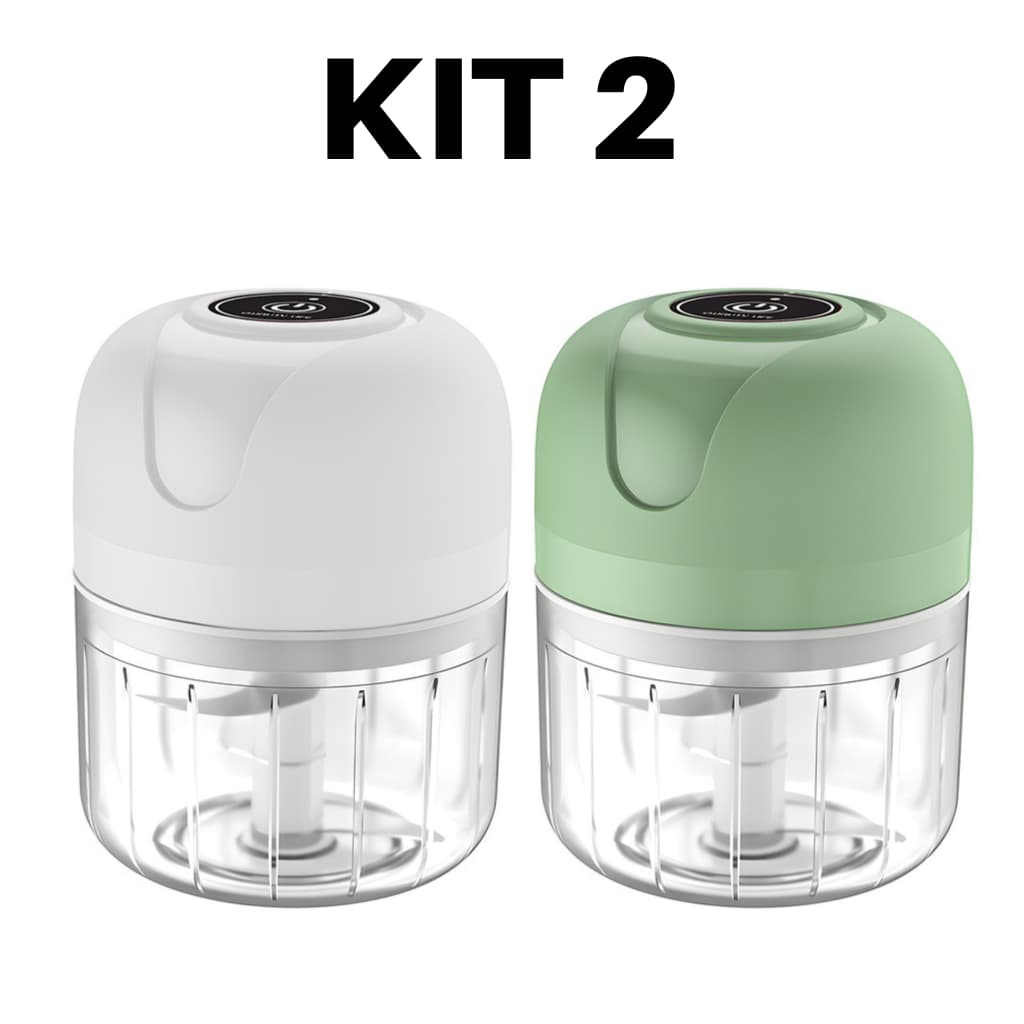 KIT 2 Mini Processador Elétrico de Alimentos Portátil com 3 lâminas de aço inox USB 250 ml Bivolt