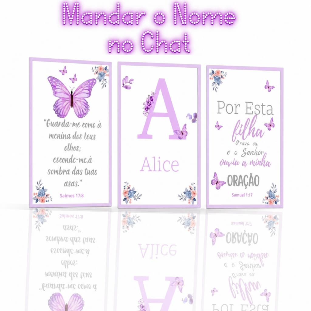 Quadros Decorativo Menina Infantil com Frase Reliosa Borboleta Roxa Personalizado com Nome para Quarto 3 Peças