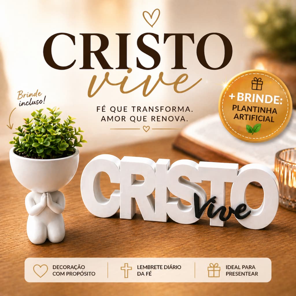 Vaso Decorativo Orando + Letreiro Cristo Vive | Decoração Bíblica Para Sala, quarto e Escritório