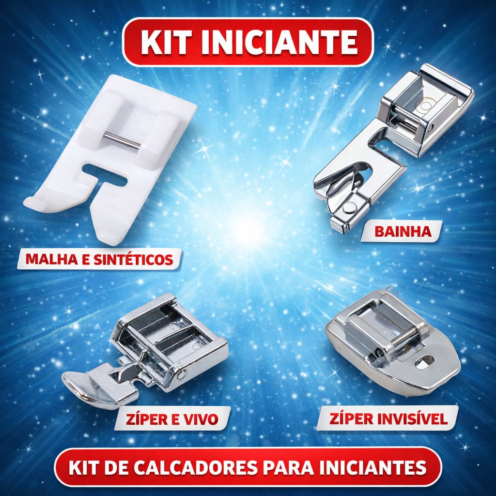 Kit 4 Calcadores Essenciais Costura Iniciante:Teflon, Malha, Bainha Enrolada, Zíper Comum, Zíper Invisível, Pé Sapatilha