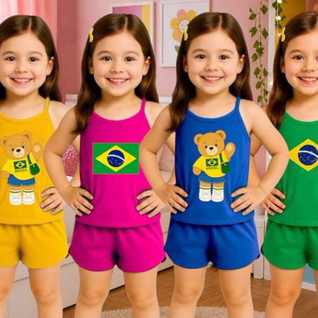 Pijama Infantil Menina Baby Doll Brasil Short Doll Blusa Alcinha Conjunto Leve Confortável Verão