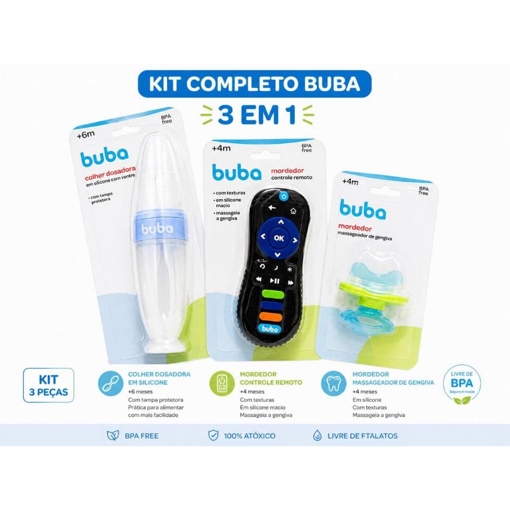 Kit Buba 3 em 1 Colher Dosadora + Mordedor Controle + Mordedor Massageador Bebê BPA Free
