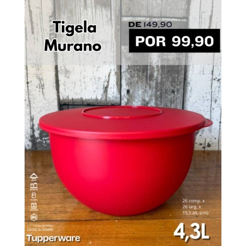 Tigela Tupperware Murano 4,3 litros. Tigela grande para alimentos.