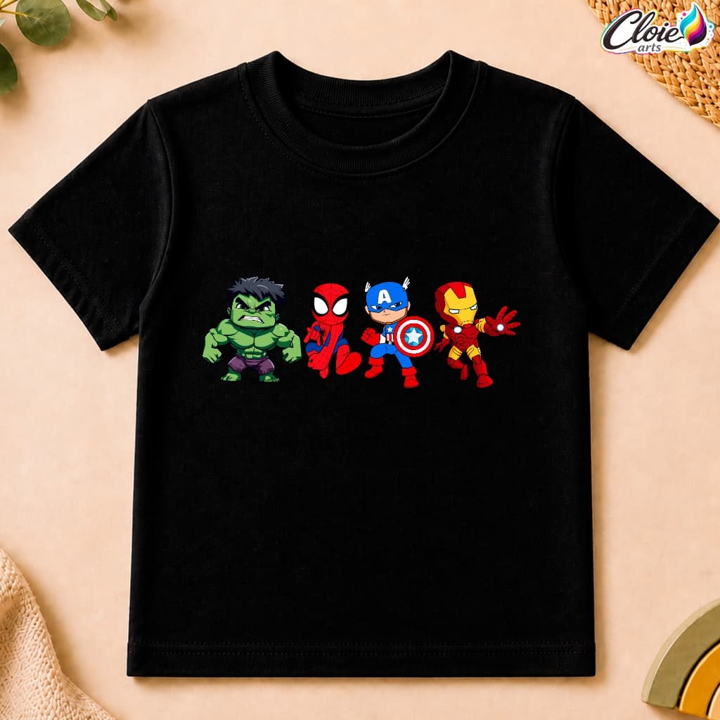 Camiseta Infantil 100% Algodão Vingadores Minimalista Super-heróis Tecido Leve Veste Bem Equipe Suprema Marvel Lendários