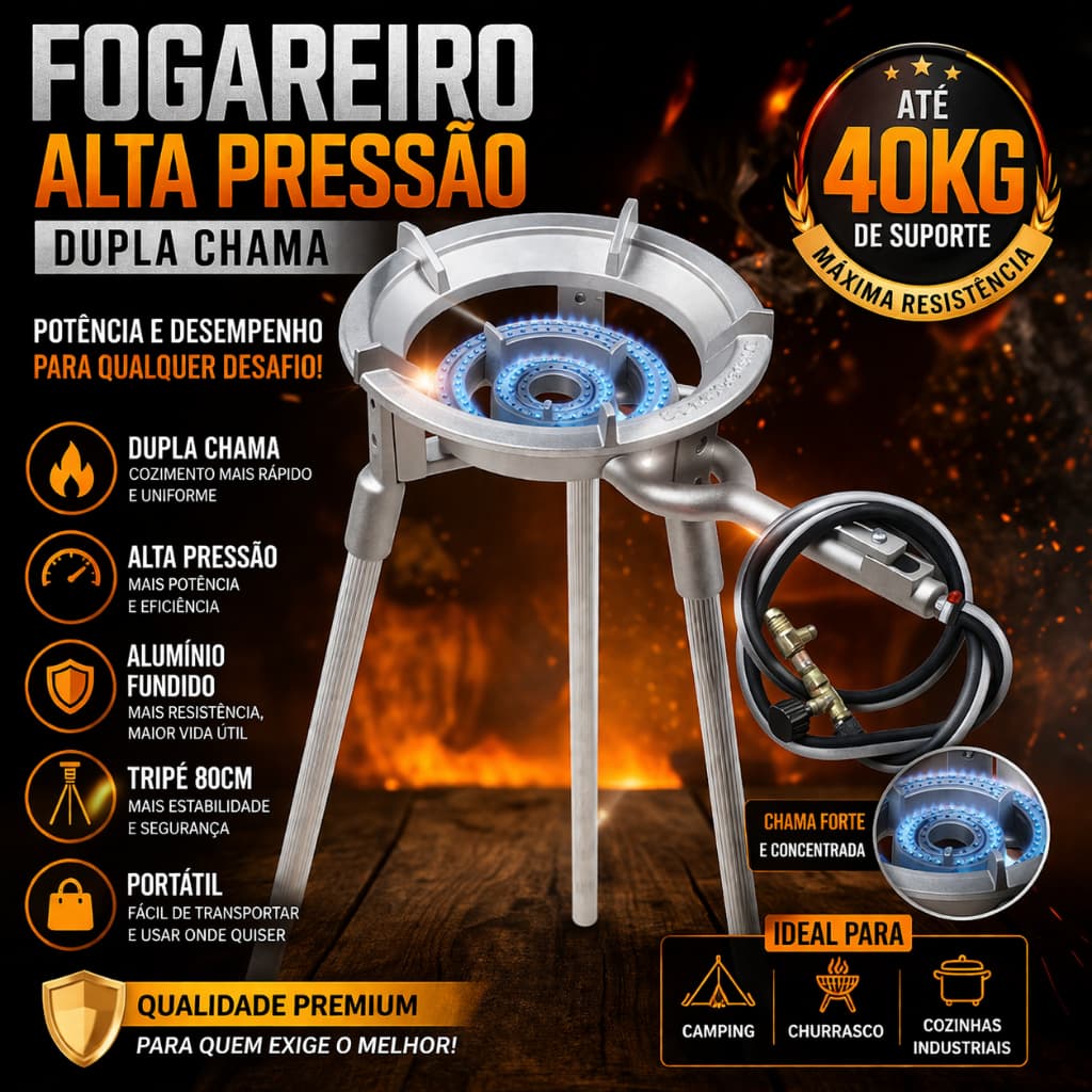 Fogareiro Alumínio Fundido Alta Pressão 2 Chamas Com Tripé 80cm Camping Churrasco