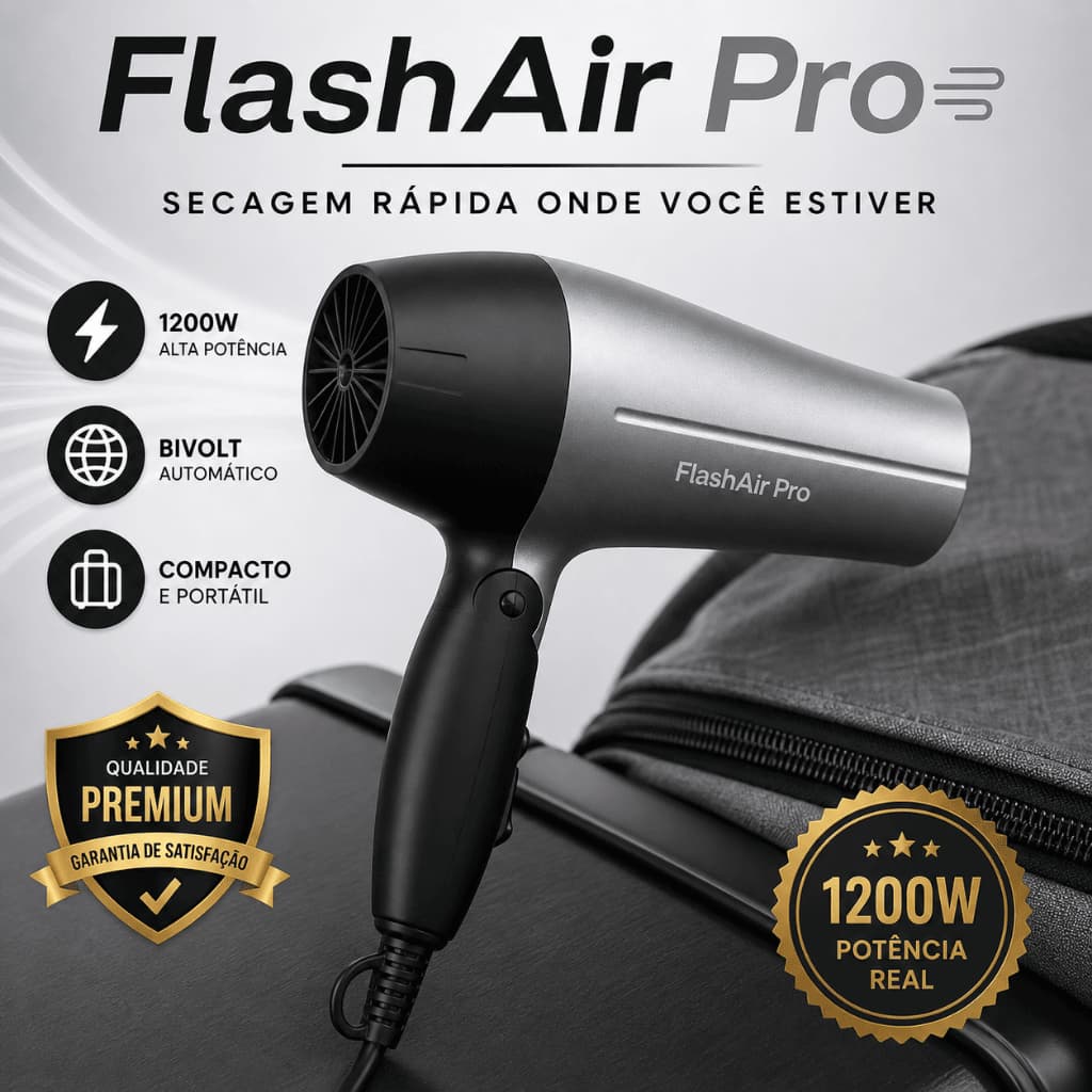 Secador Portátil Profissional FlashAir Pro 1200W Bivolt Compacto Potente Viagem Leve Secagem Rápida