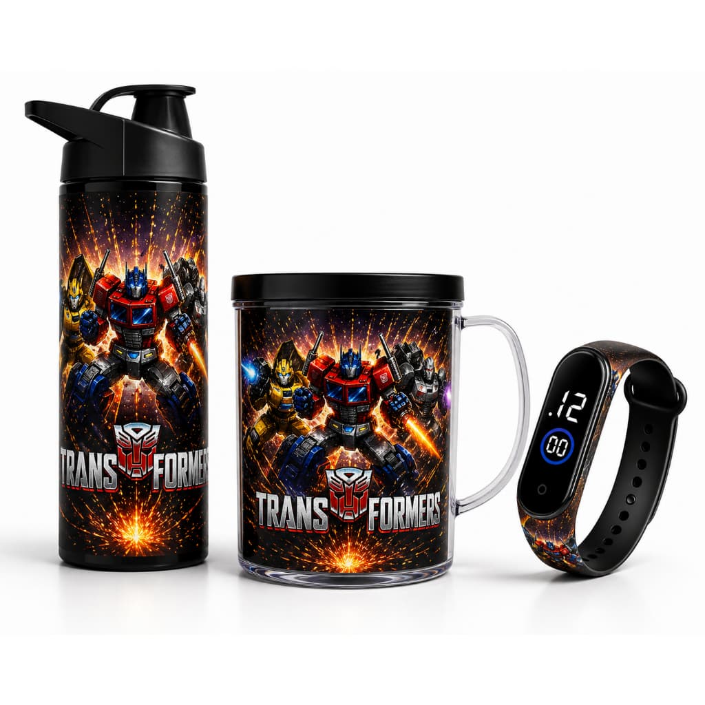 TRANSFORMERS Garrafa de Água Copo e Relógio Digital Infantil - Presente Aniversário - C. Nome Criança