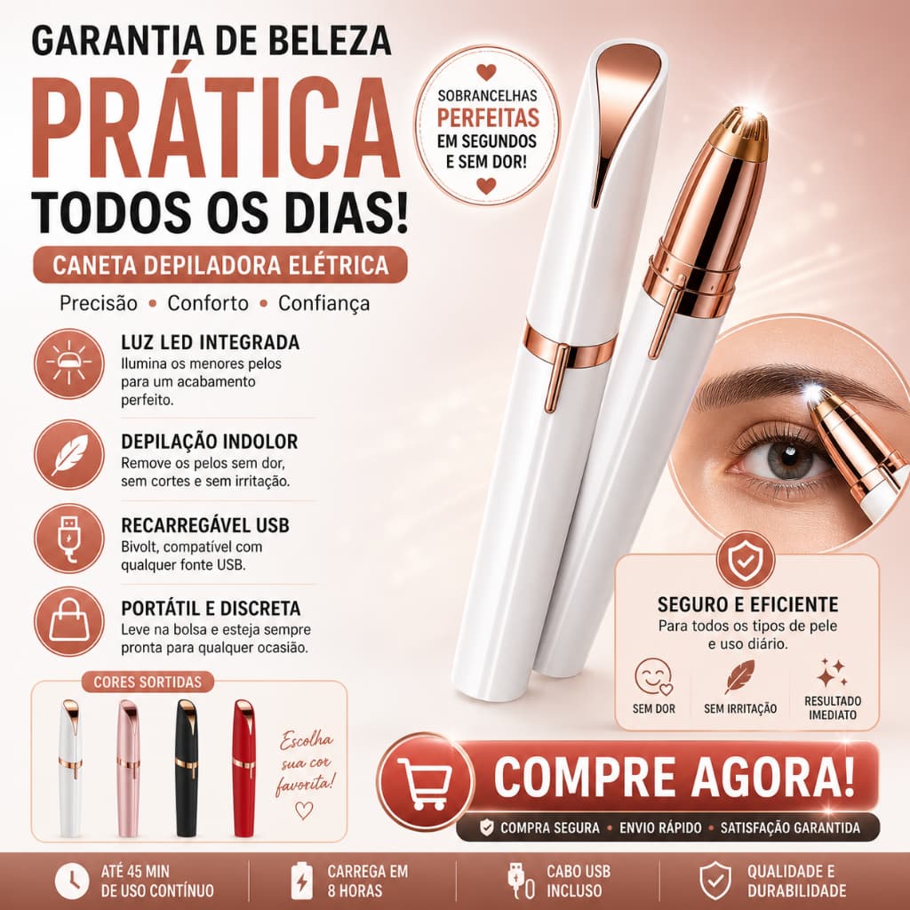 Depilador Sobrancelha Elétrico USB Recarregável Indolor Portátil Com Luz LED Feminino