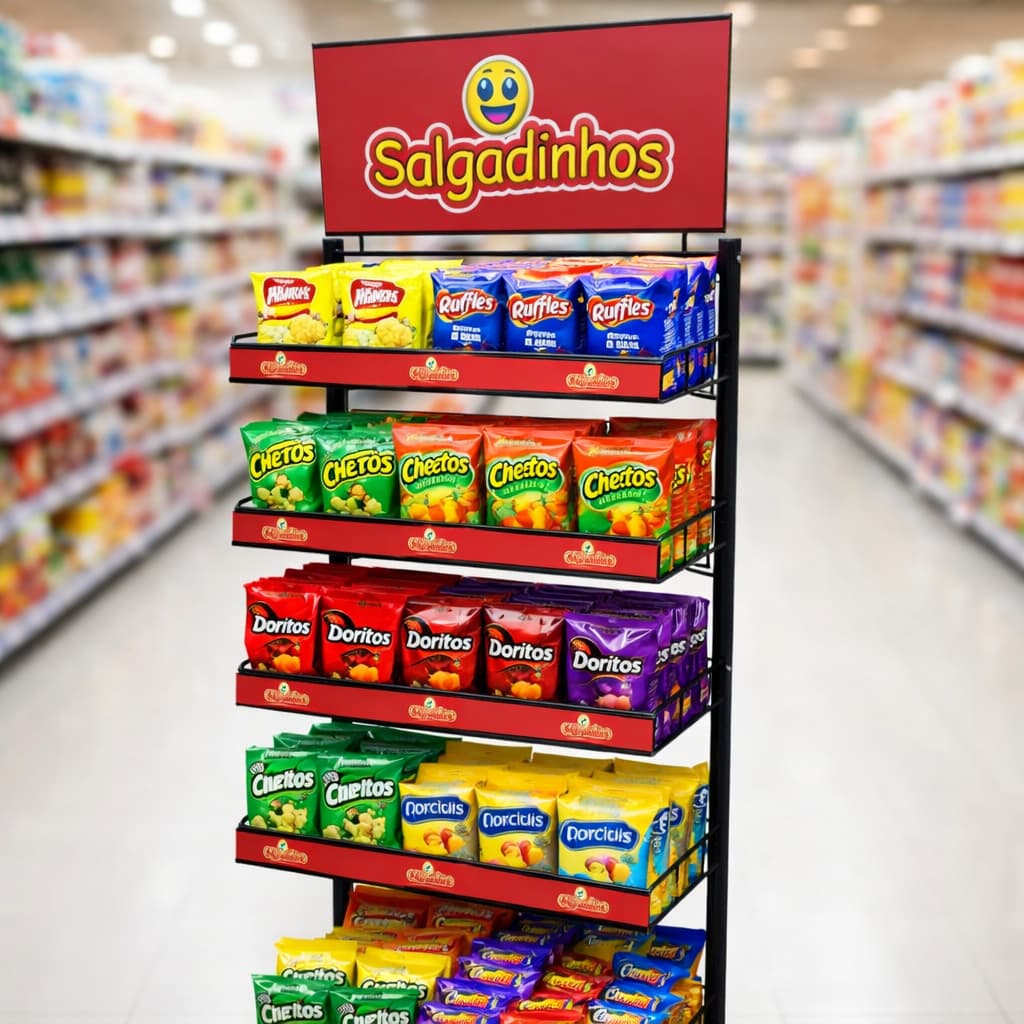 Expositor Display Para Salgadinhos Grande Bebidas e outros Com 5 Cestos Aramado Mercado Mercearia Desmontável 5 Andares
