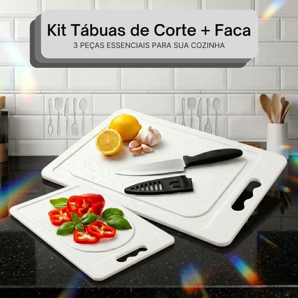 Kit Tábua de Corte Cozinha 3 Peças 2 Tábuas + 1 Faca Resistente Tábua de Carne Legumes e Frutas