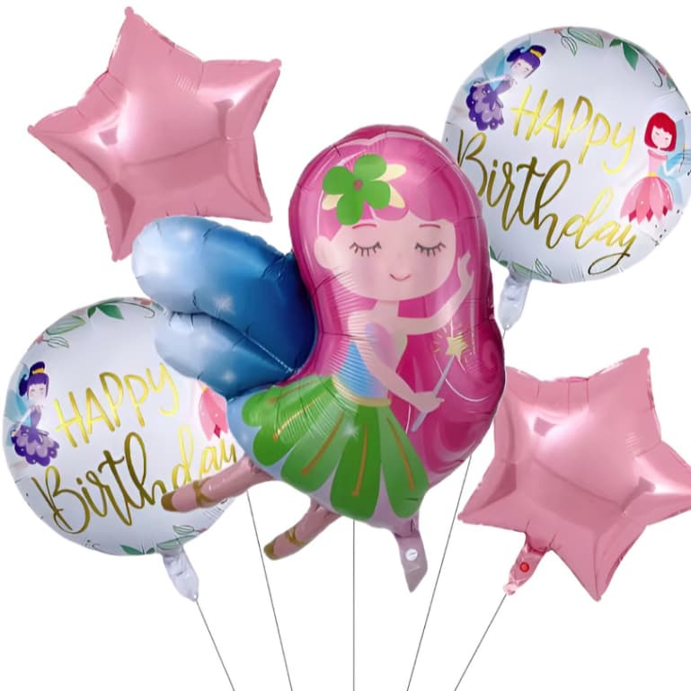 KIT BALÃO DE FADA GIGANTE MATALIZADO - FADINHA MARGARET 3 PÇS + BALÃO METALIZADO REDONDO DE FADA HAPPY BIRTHDAY