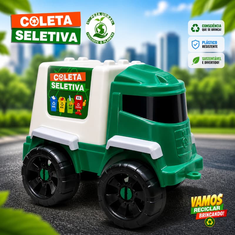 Caminhão De Lixo Grande De Reciclagem e Coleta Seletiva Brinquedo Infantil 28 Centímetros