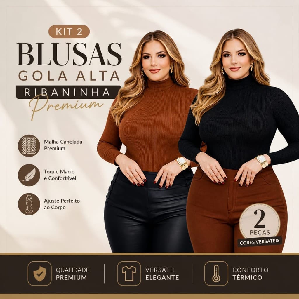 kit 02 Blusa Feminina Gola Alta Cacharrel Manga Longa Ribaninha Felpada Premium