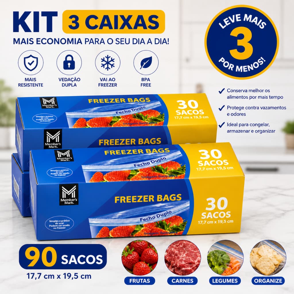 Kit 3 Saco Freezer 90 Sacos Total Zip Lock Hermético Resistente Para Congelar Alimentos