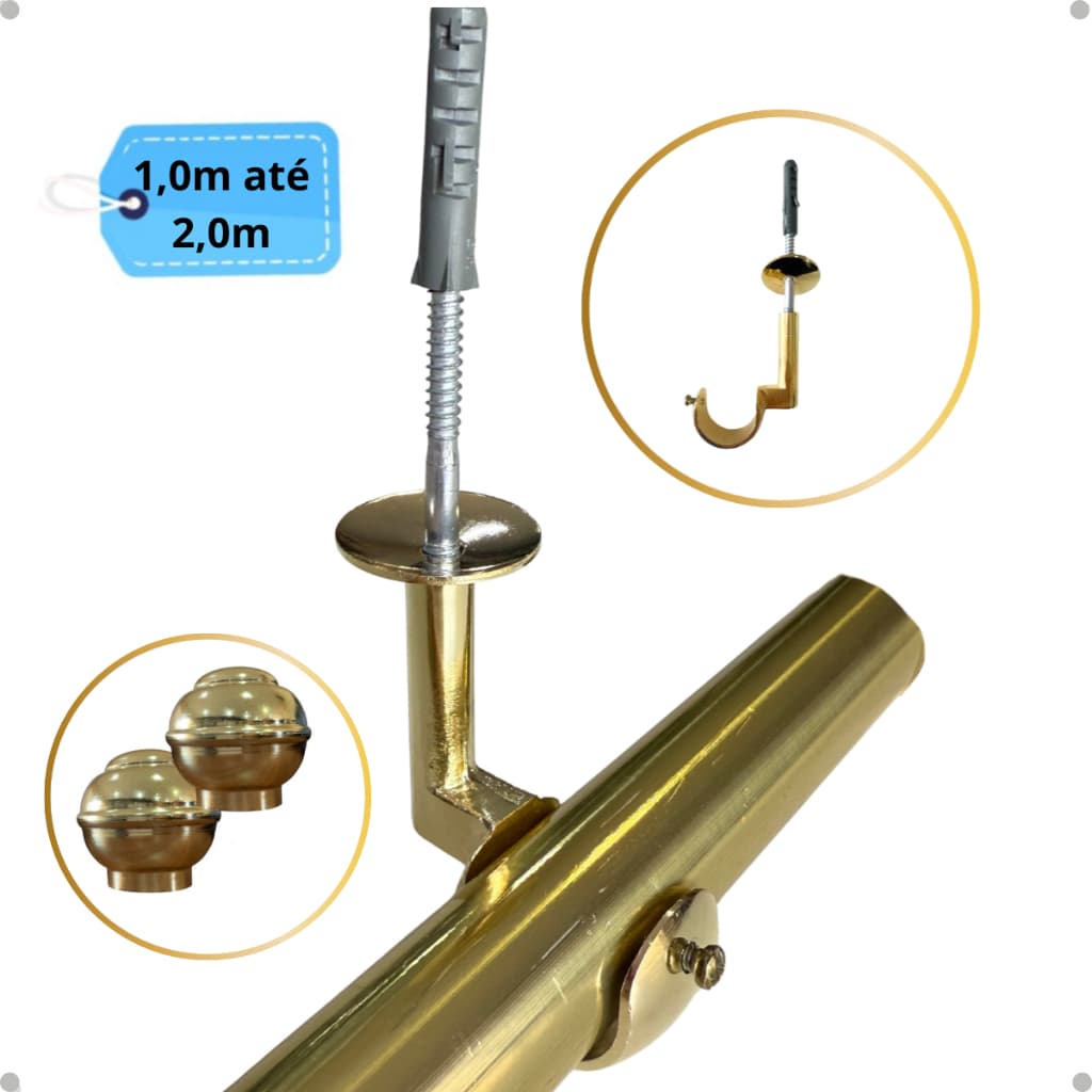 Kit Varão Dourado Aluminio Simples Teto Comum 28mm Cortina Ilhós Argola - 1,0m á 2,0m