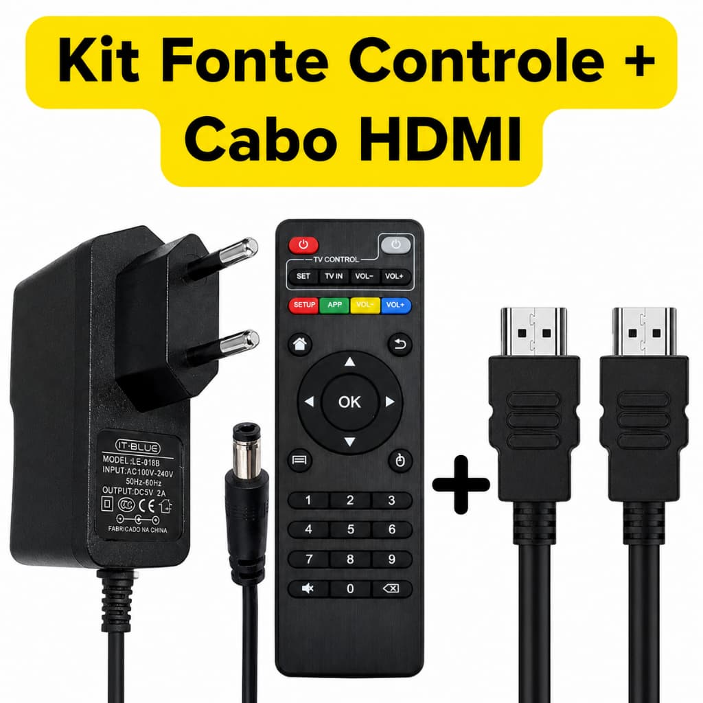 Kit Controle Universal e Fonte Bivolt + Cabo HDMI para Smart Box TV