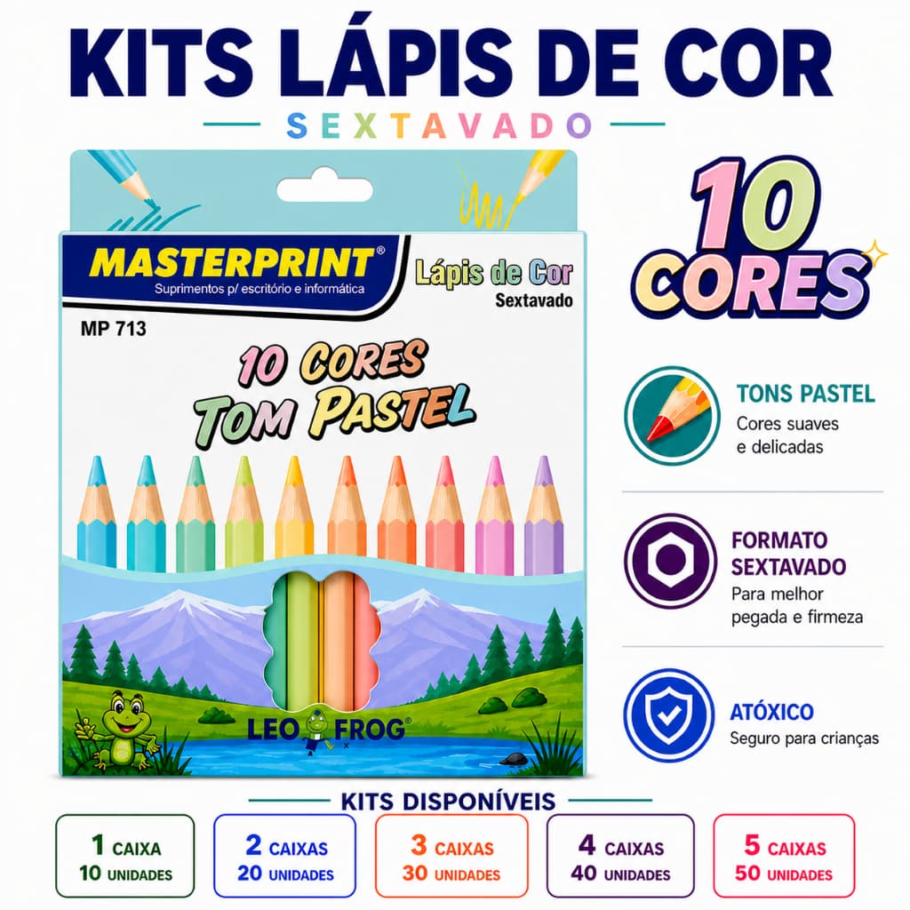 Kit 10 a 50 Lápis de Cor Caixa Tom Pastel 10 Cores Masterprint Sextavado Ponta Macia Resistente Alta Qualidade Escolar