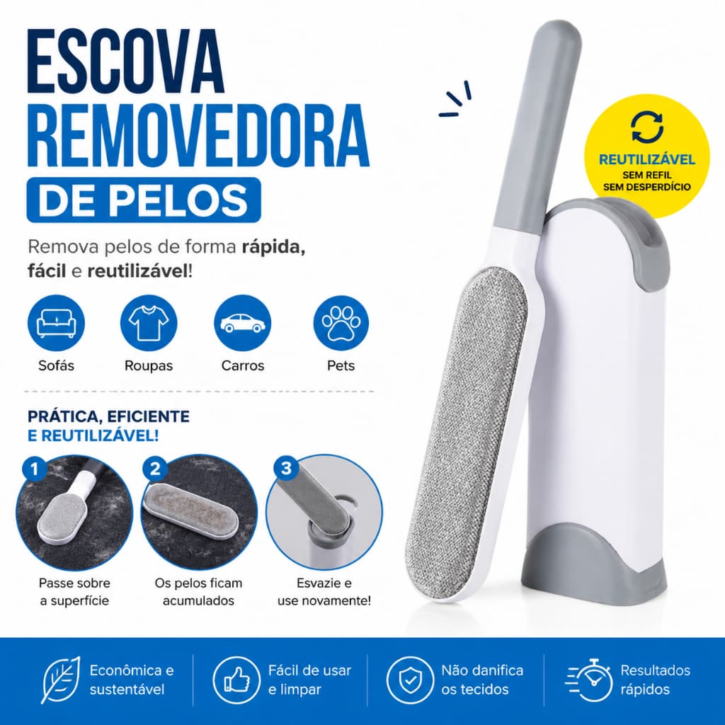 Kit 2 Escovas Tira Pelos Pet Reutilizável Portátil Roupas Sofá