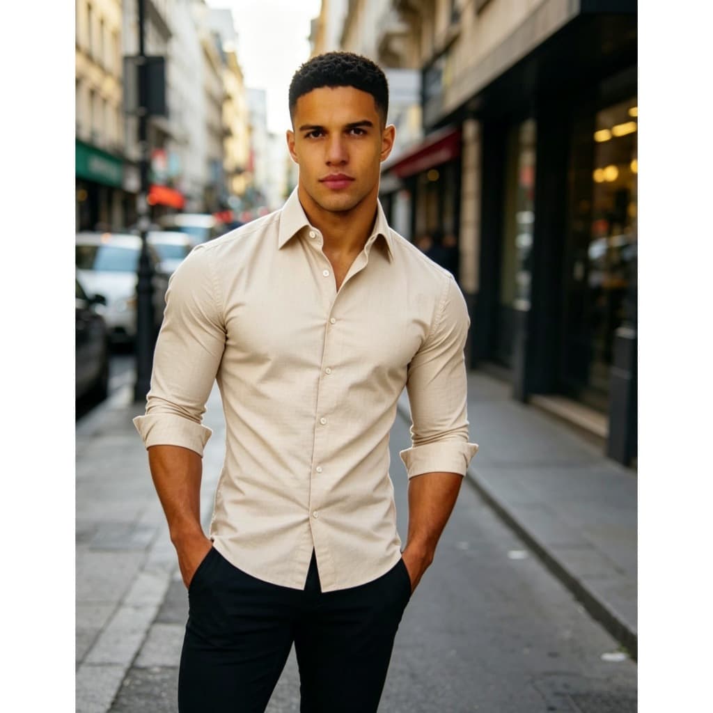 Camisa de manga longa masculina ajuste slim que afina, cor sofisticada, estilo versátil para negócios e casual