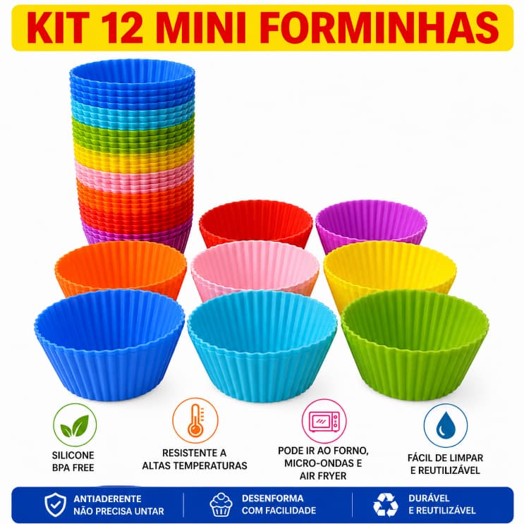 Kit 12 Formas de Silicone Cupcake Muffin Antiaderente Flexível BPA Free Alta Temperatura
