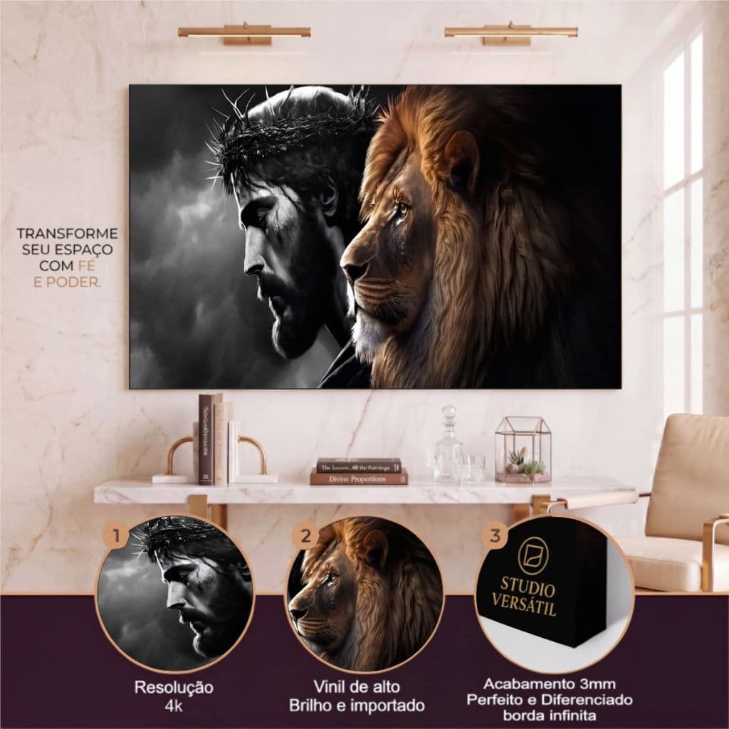 Quadro decorativo Leão de Judá e Jesus Cristo Religioso Motivacional Peça Única