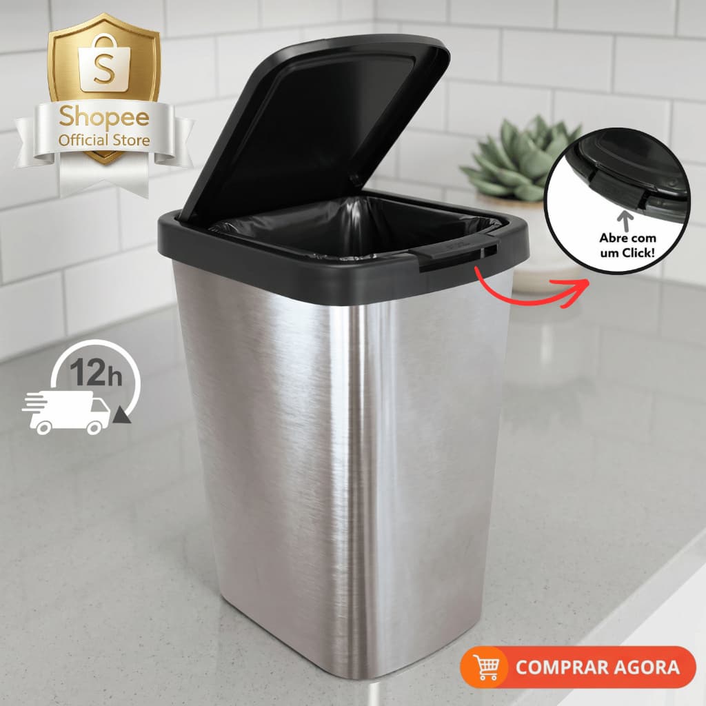 Lixeira Banheiro Cozinha Cesto Metalizado 09 Litros Com Tampa Click Label Vermelho Rose