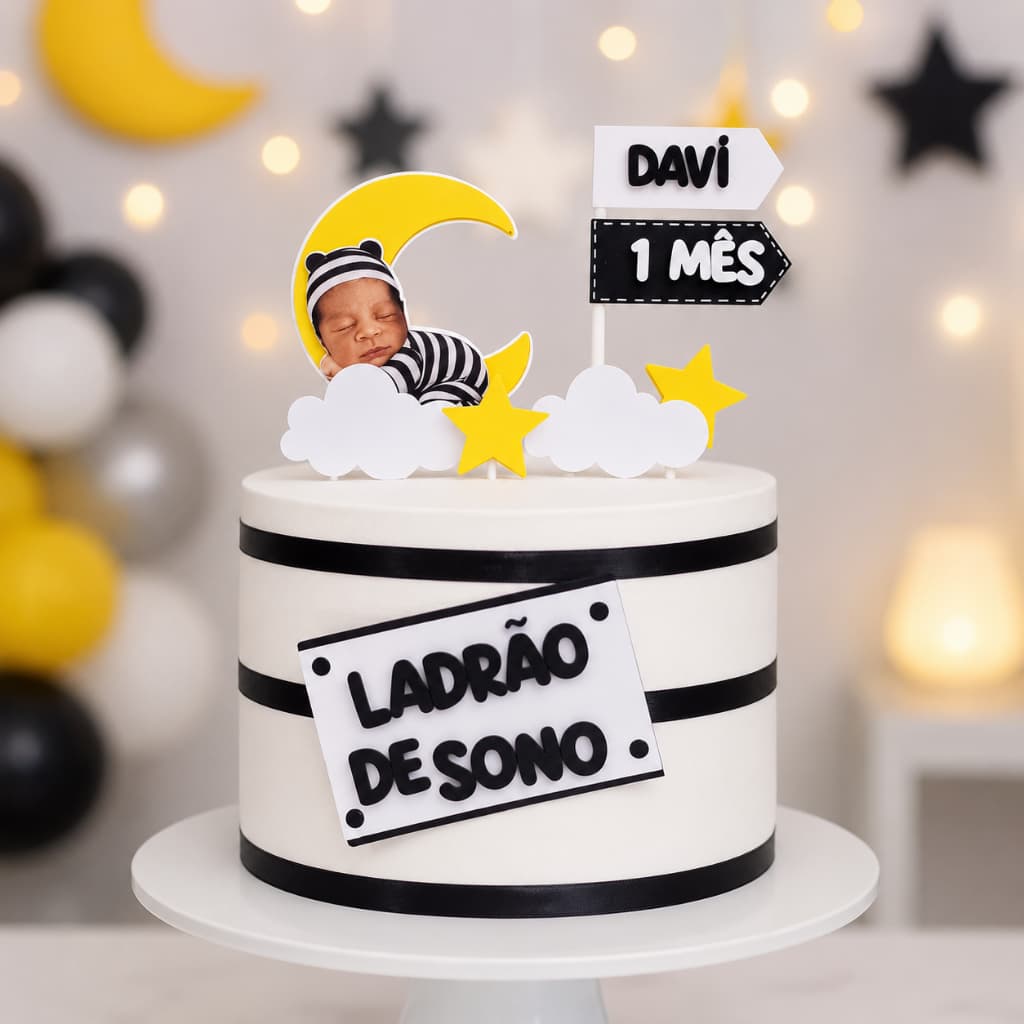 Topo de Bolo Mesversário Ladrão de Sono Personalizado com Nome e Foto + Topper Cupcake Tema Bebê 1 Mês 2 Meses Festa Inf
