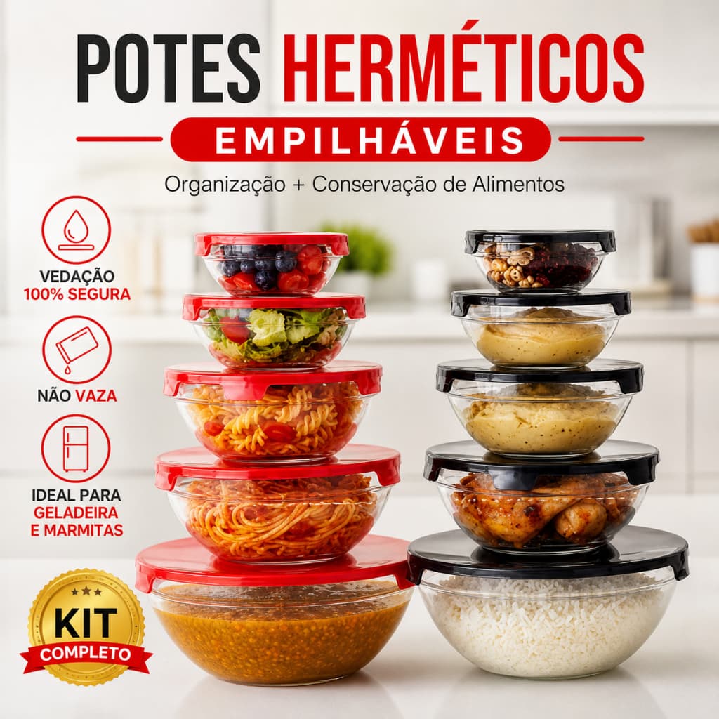 Conjunto 5 Potes de vidro com vedação hermética Fitness Vermelho e Preto