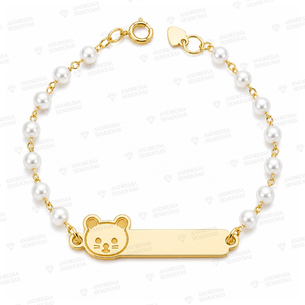 Pulseira Infantil Chapinha Folheada Nome Gravado Bebe Gato Perola
