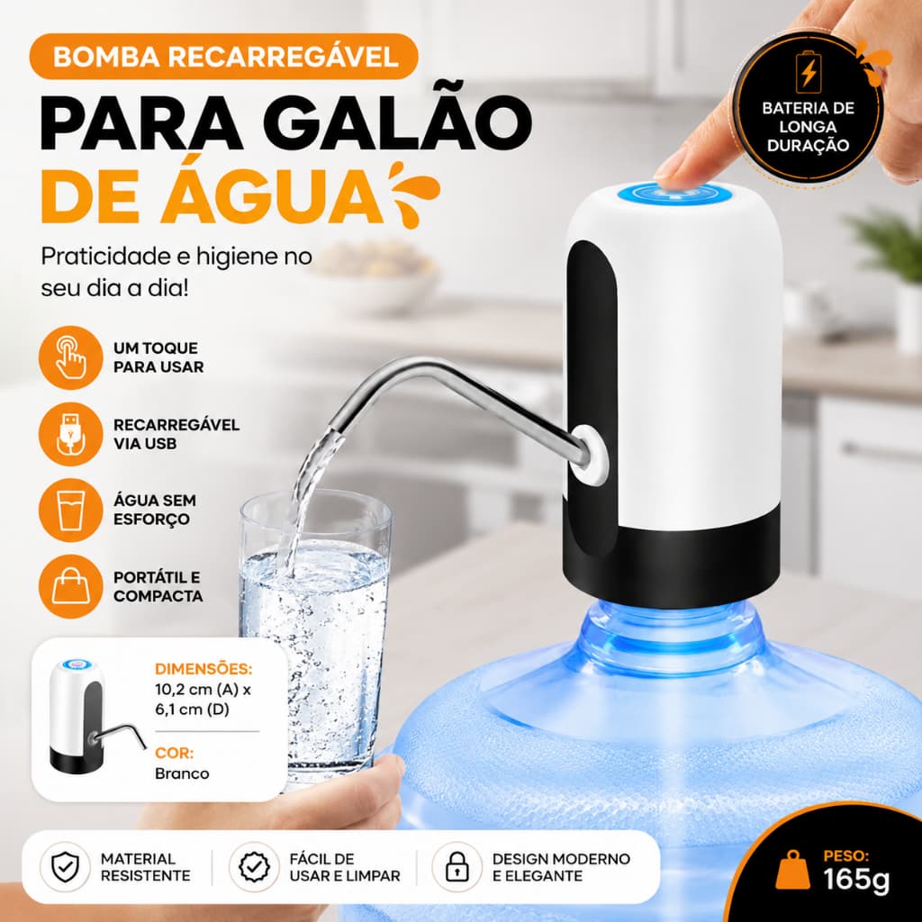 Bomba Elétrica para Galão 10L à 20L de Recarregável USB Automática Moderna Universal