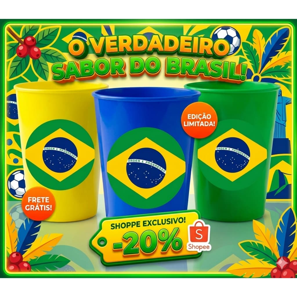 KIT 10-20-30 COPOS DE PLÁSTICO 380ML REUTILIZÁVEL E RESISTENTE COM BANDEIRA DO BRASIL COPA DO MUNDO