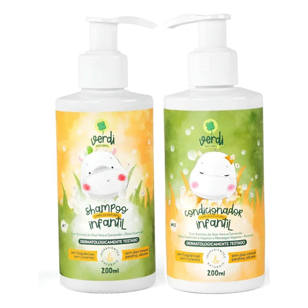 Kit Shampoo Condicionador Infantil Verdi Natural Hipoalergênico Aloe Vera Camomila Bebê Criança Cabelos Delicados