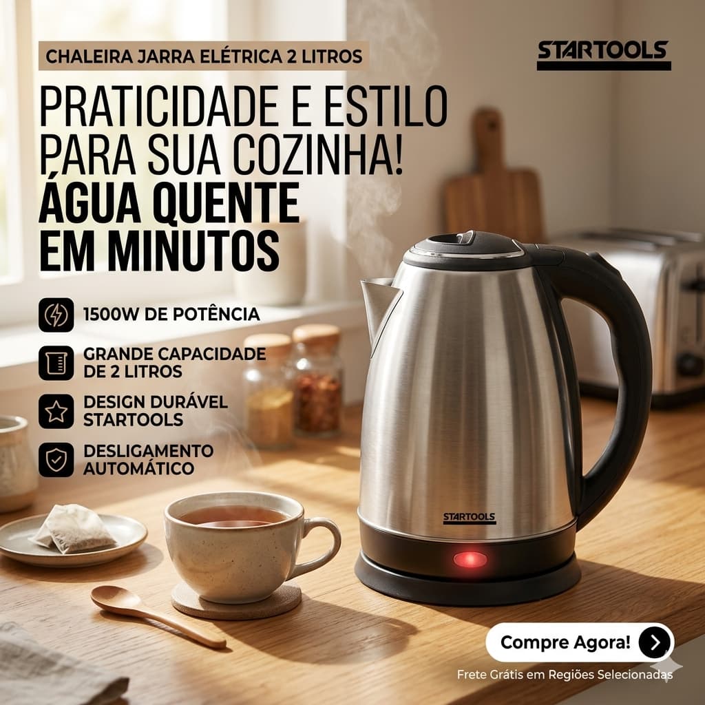 🔥 Chaleira Elétrica Inox 2L Jarra Térmica 127V ou 220V Potente 1500W Jarra de Inox/Cozinha Prática