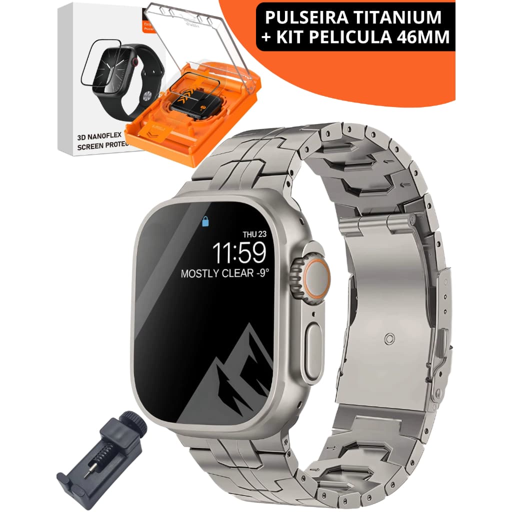 Kit Pulseira Metal Titânio 49mm e Película Nanoflex Para Apple Watch 45mm/46mm