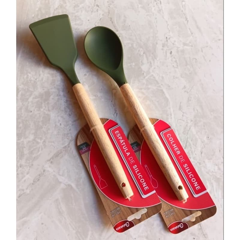 Kit de Espatula  e Colher de Silicone com Cabo de Madeira.. Cores diversas