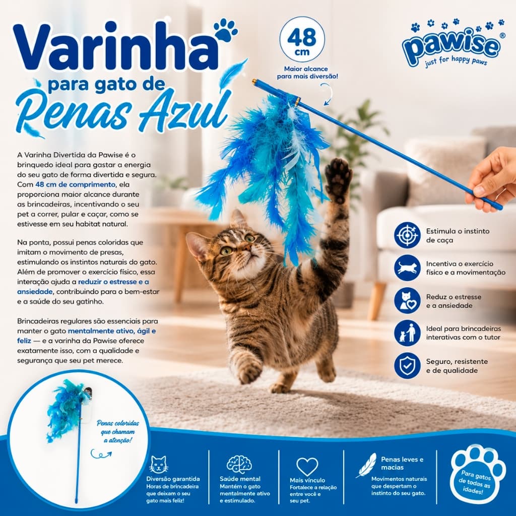 VARINHA PARA GATOS COM PENAS PAWISE - 48 CM AZUL