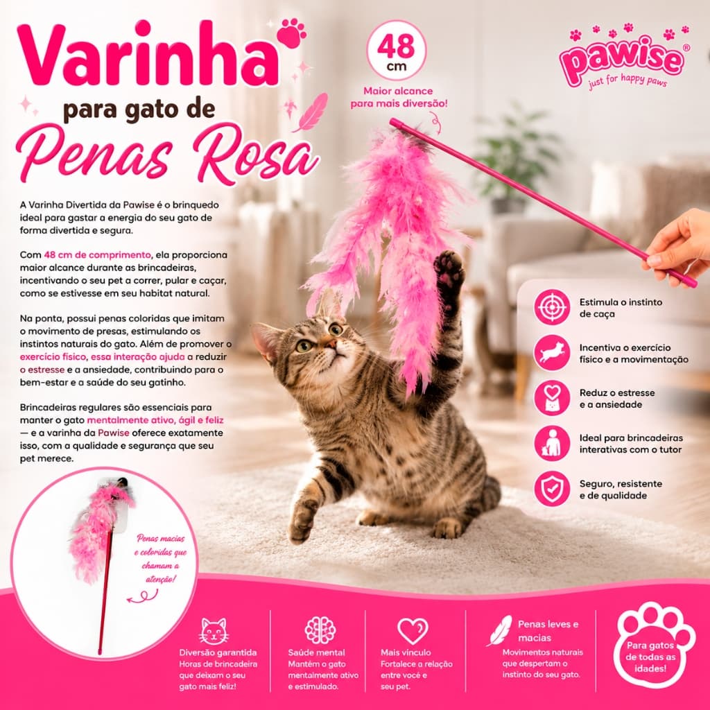 Varinha para Gatos com Penas 48cm Colorida Caça Movimento Rosa