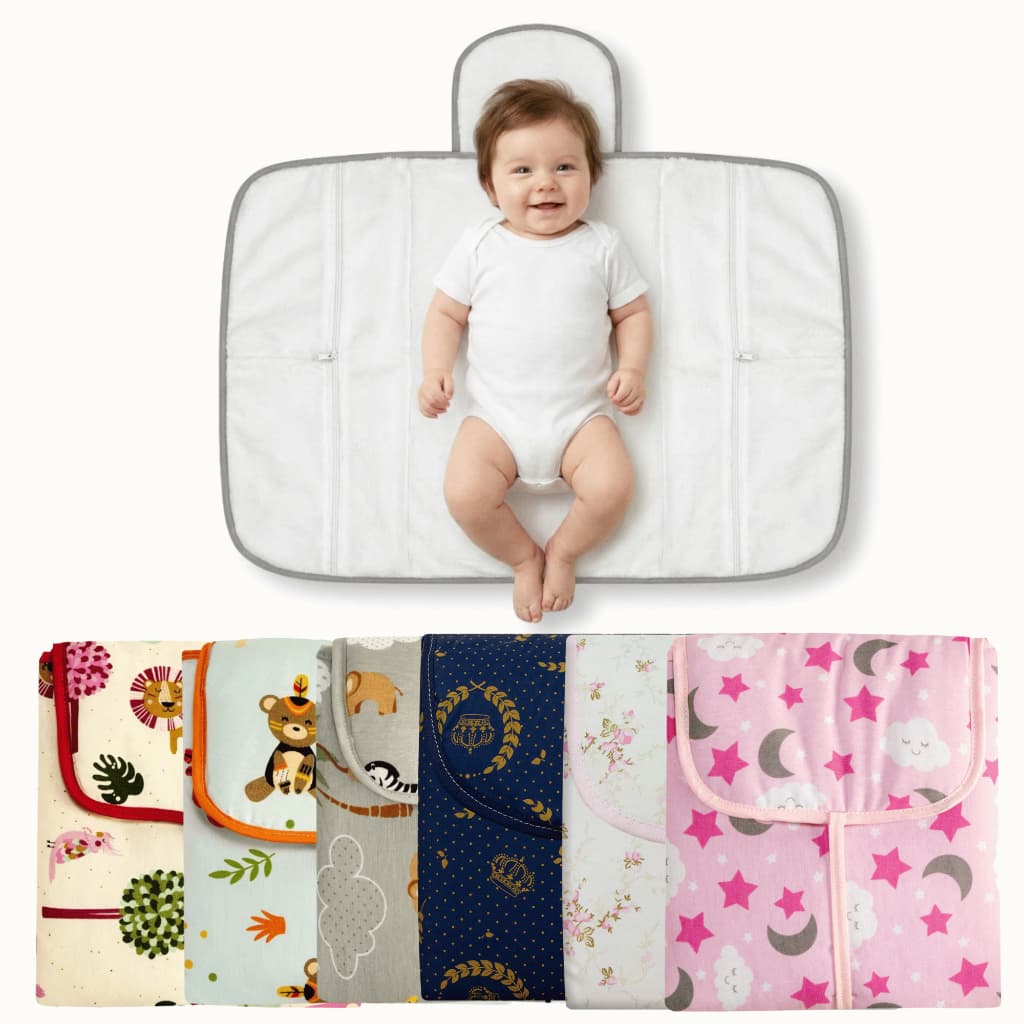 Trocador de Fralda 100% Algodão Portátil Dobrável Impermeável com Bolsos zíper Acolchoado Estampado