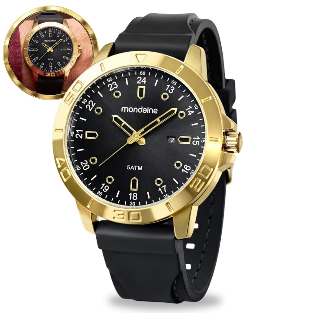 Relógio Mondaine Analógico Masculino De Pulso Preto Dourado Elegante Quartz Calendário Prova D'água 50 Metros Original